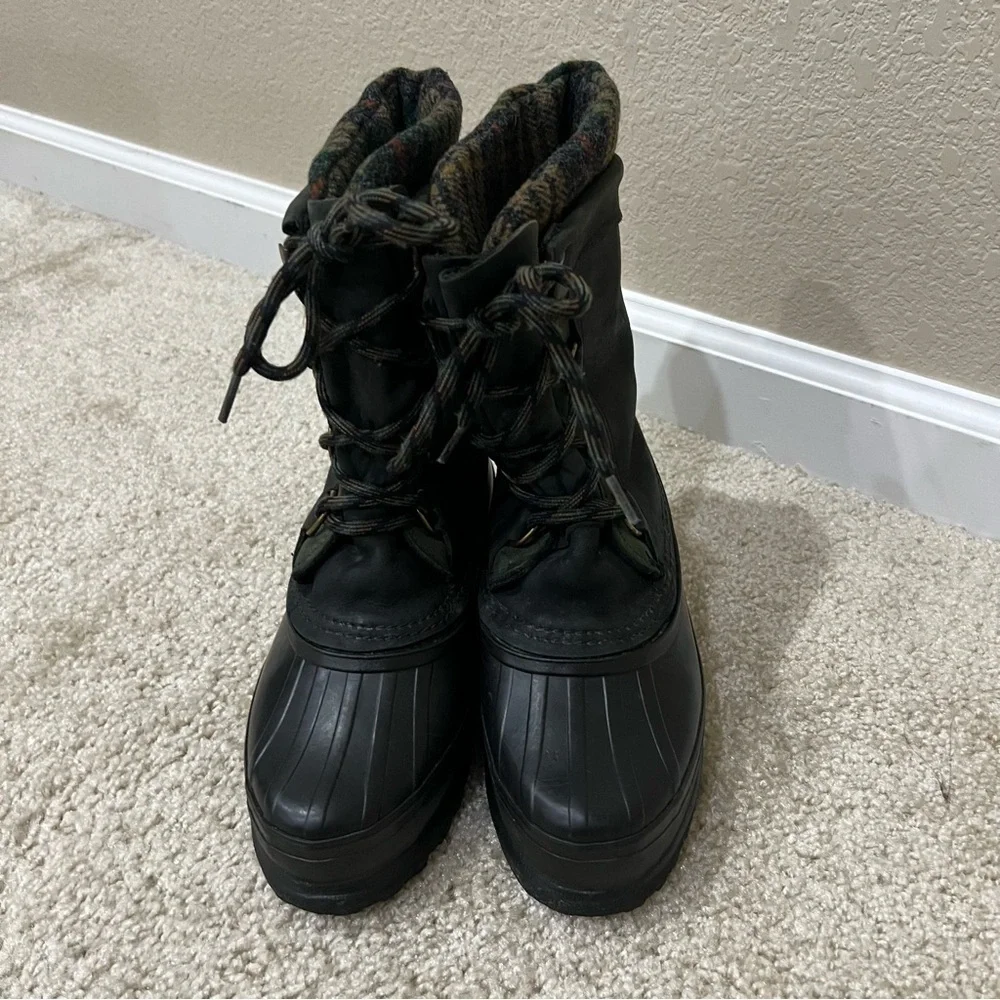 Sorel Women Lace Up Mid Calf Winter Snow Boots Green Plaid Suede Rubber Size 6,